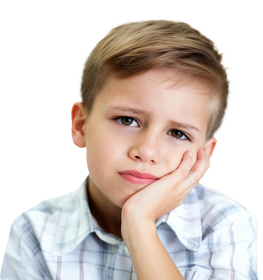 Dental Extractions Alabaster AL. A concerned looking child holds his cheek while experiencing discomfort that needs treatment.