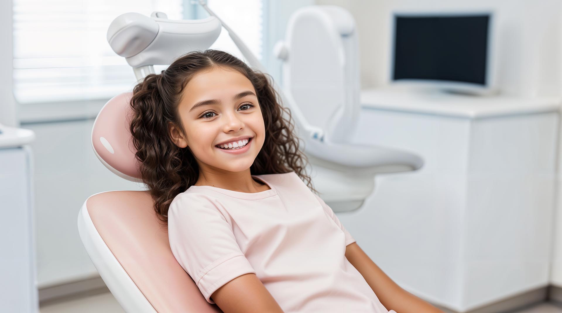 Dentista de habla hispana. A smiling child sits in the dentist's chair ready for her exam.